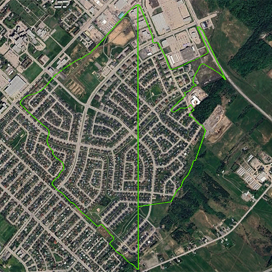 Photographie aérienne de polygones de surfaces artificielles (quartier).