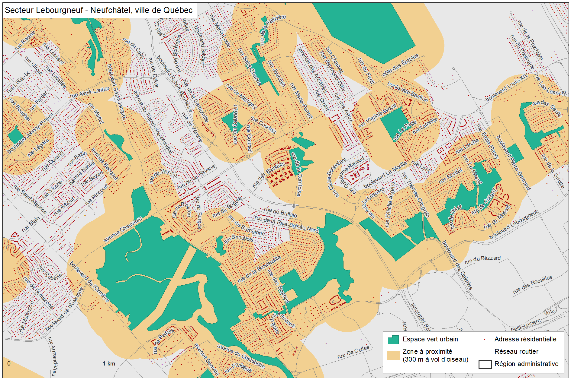 Carte d&eacute;taill&eacute;e qui montre pour exemple le secteur Lebourgneuf - Neufch&acirc;tel de la ville de Qu&eacute;bec.